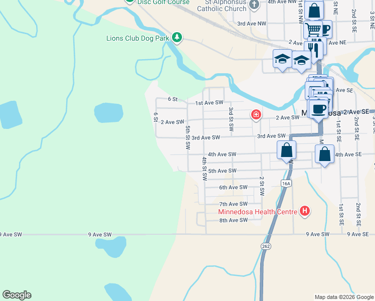 map of restaurants, bars, coffee shops, grocery stores, and more near 211 5 Street in Minnedosa
