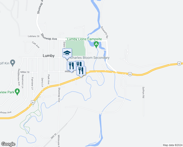 map of restaurants, bars, coffee shops, grocery stores, and more near 1746 Vernon Street in Lumby