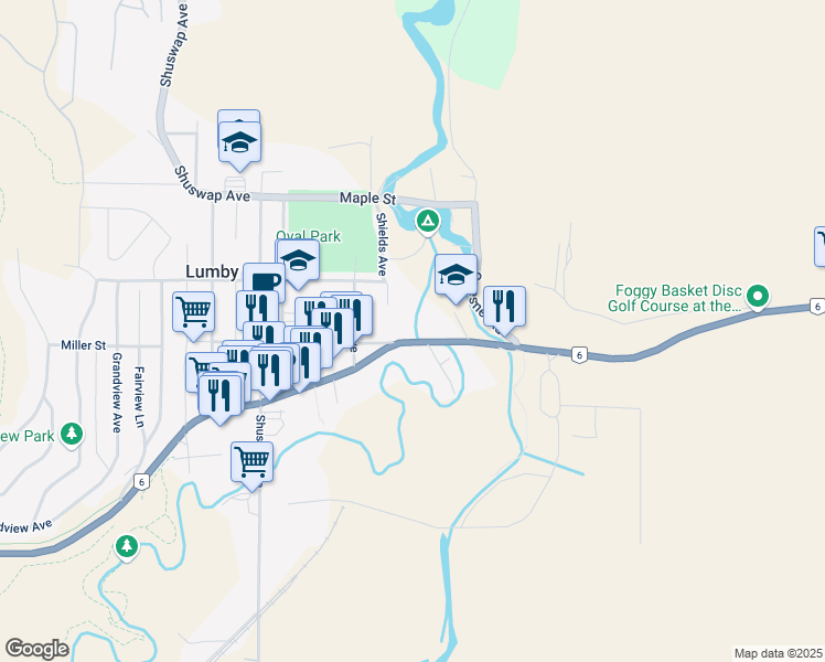 map of restaurants, bars, coffee shops, grocery stores, and more near 1746 Vernon Street in Lumby