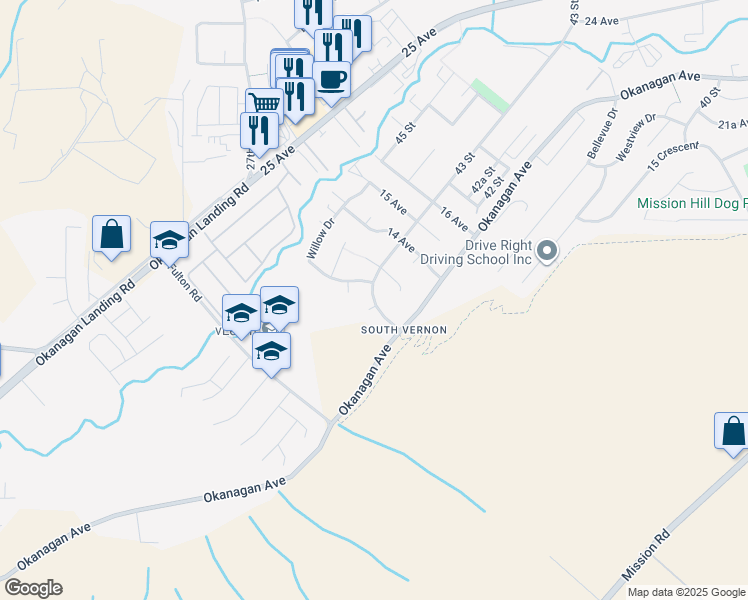 map of restaurants, bars, coffee shops, grocery stores, and more near South Vernon Drive in Vernon