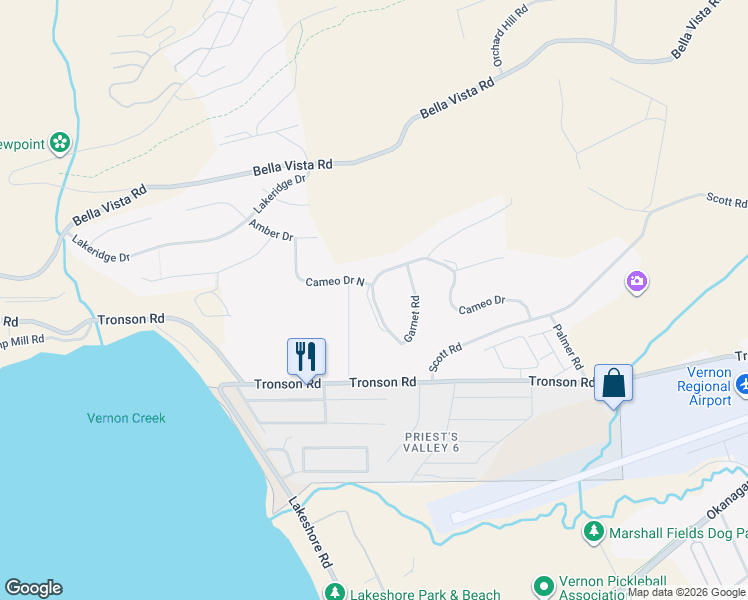 map of restaurants, bars, coffee shops, grocery stores, and more near Garnet Road in Vernon