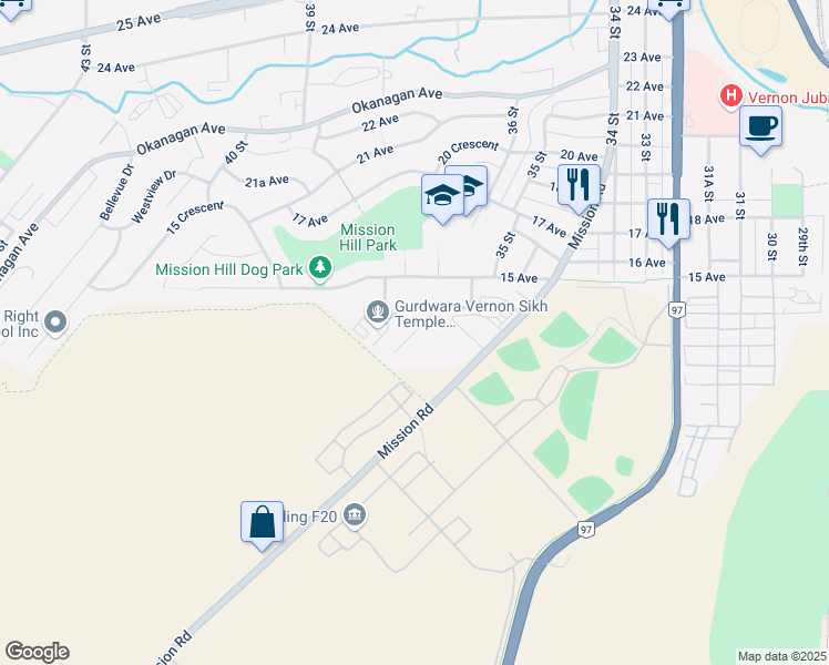 map of restaurants, bars, coffee shops, grocery stores, and more near Commonage Place in Vernon