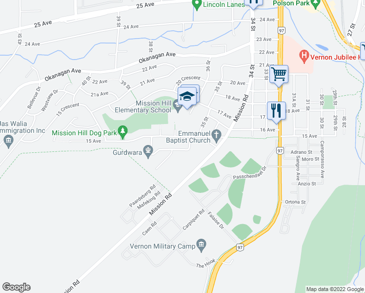 map of restaurants, bars, coffee shops, grocery stores, and more near 3607 Commonage Crescent in Vernon