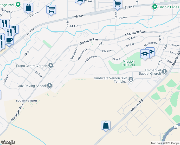 map of restaurants, bars, coffee shops, grocery stores, and more near 4405 15 Avenue in Vernon