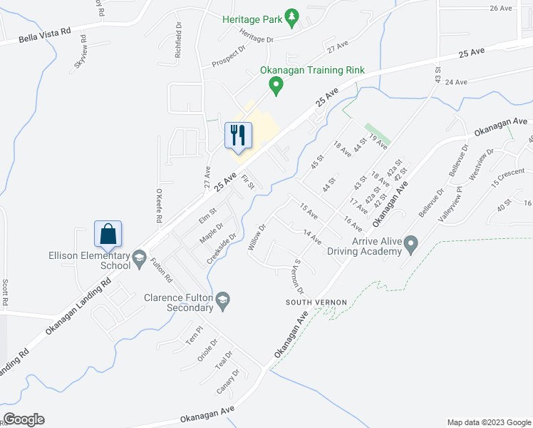 map of restaurants, bars, coffee shops, grocery stores, and more near 5412 Willow Drive in Vernon