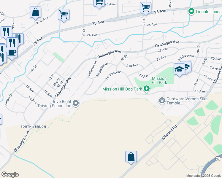 map of restaurants, bars, coffee shops, grocery stores, and more near 1519 40 Street in Vernon