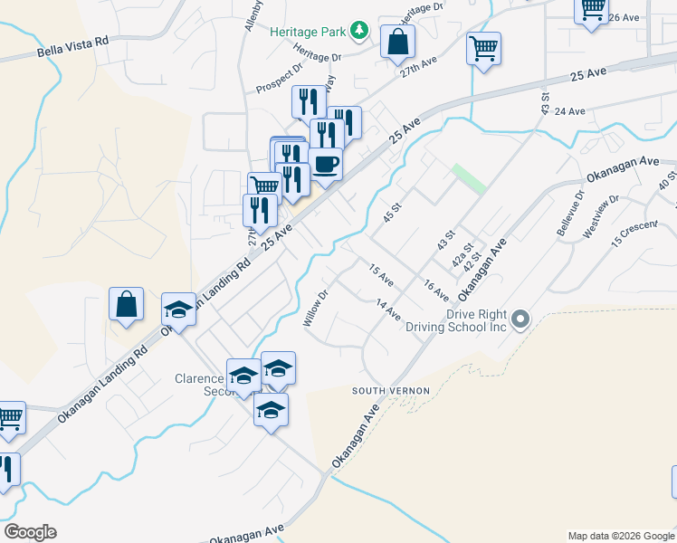 map of restaurants, bars, coffee shops, grocery stores, and more near 5412 Willow Drive in Vernon
