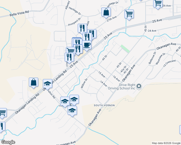 map of restaurants, bars, coffee shops, grocery stores, and more near 5400 Willow Drive in Vernon