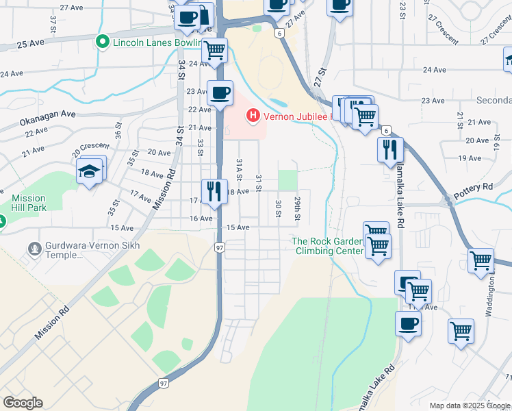 map of restaurants, bars, coffee shops, grocery stores, and more near in Vernon