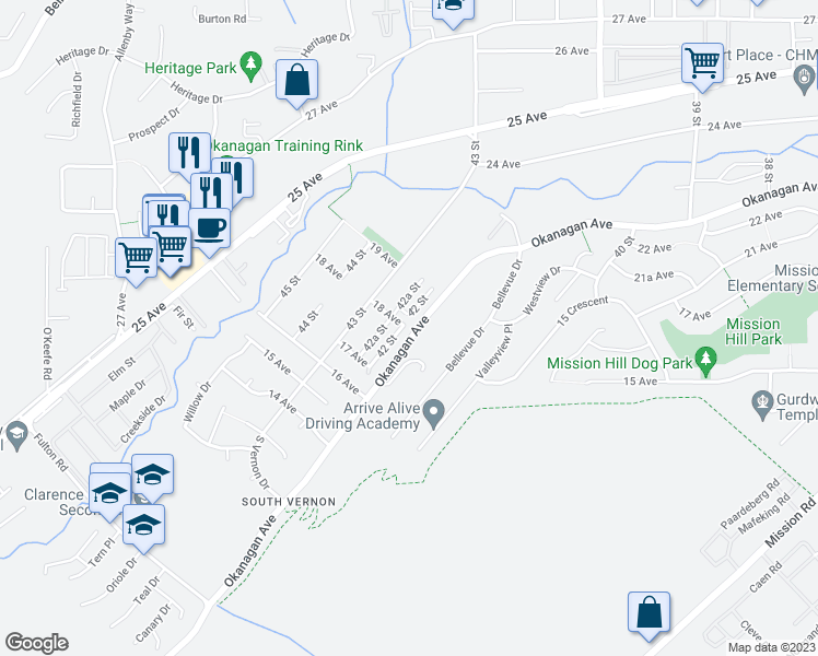 map of restaurants, bars, coffee shops, grocery stores, and more near 1724 42 Street in Vernon