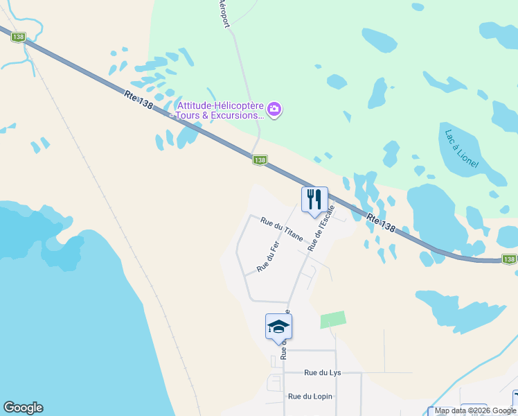 map of restaurants, bars, coffee shops, grocery stores, and more near 1020 Rue du Titane in Côte-Nord