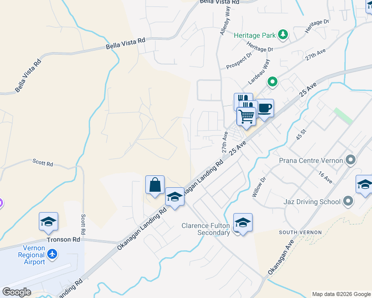 map of restaurants, bars, coffee shops, grocery stores, and more near 2610 O'Keefe Road in Vernon