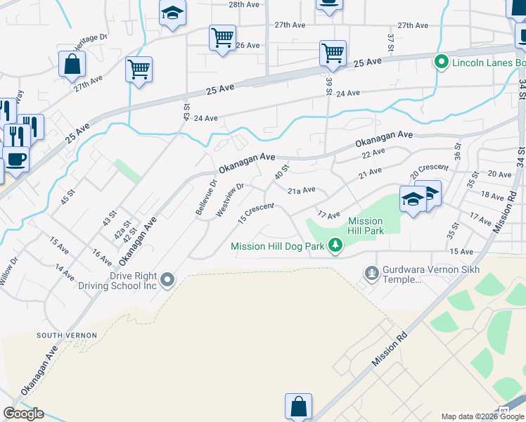 map of restaurants, bars, coffee shops, grocery stores, and more near 4000 15 Crescent in Vernon