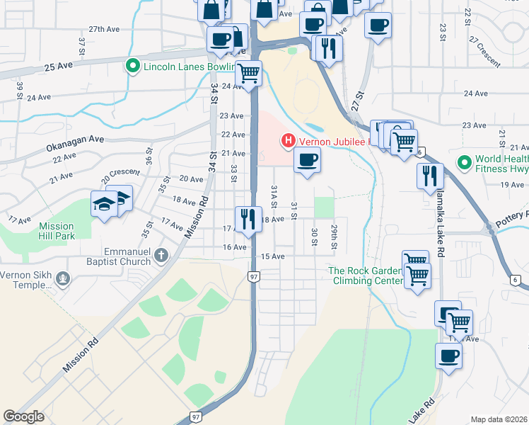 map of restaurants, bars, coffee shops, grocery stores, and more near 1801 32 Street in Vernon