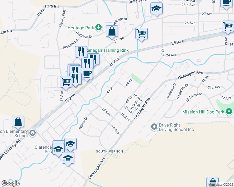 map of restaurants, bars, coffee shops, grocery stores, and more near 1704 44 Street in Vernon