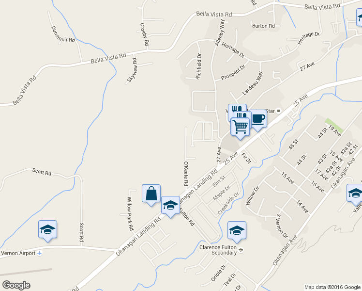 map of restaurants, bars, coffee shops, grocery stores, and more near 2610 O'Keefe Road in Vernon