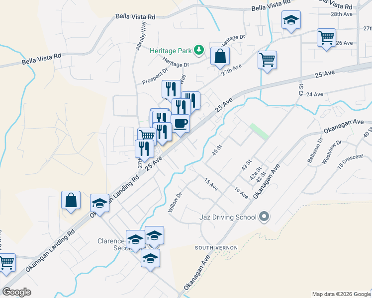 map of restaurants, bars, coffee shops, grocery stores, and more near Unnamed Road in Vernon