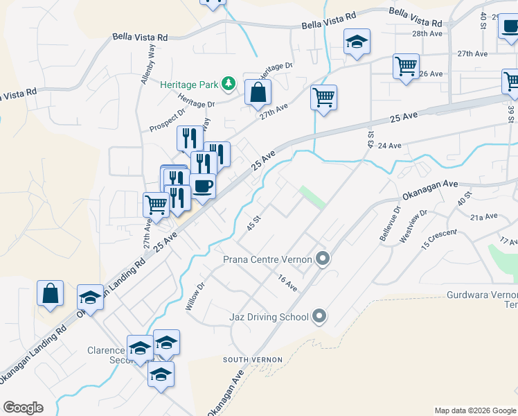 map of restaurants, bars, coffee shops, grocery stores, and more near 1704 45 Street in Vernon