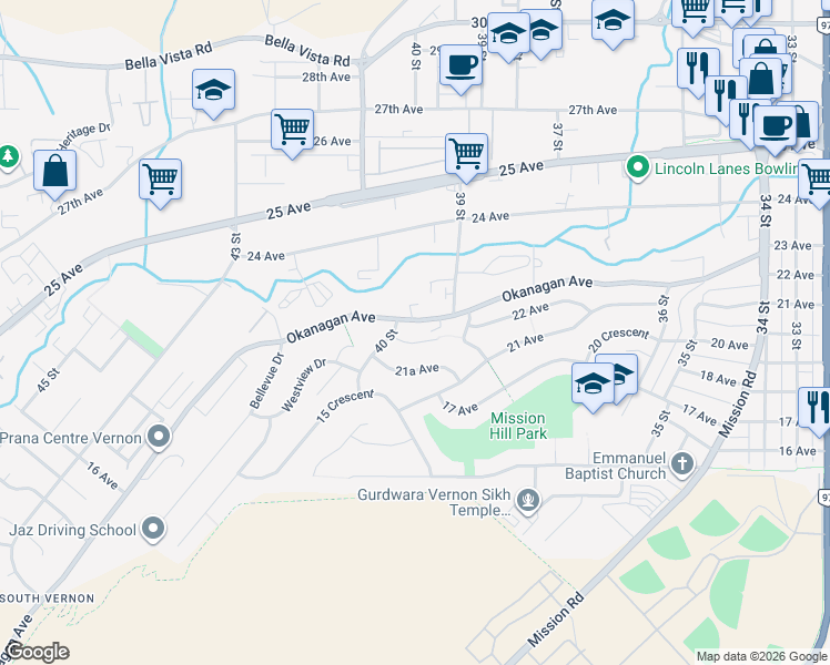 map of restaurants, bars, coffee shops, grocery stores, and more near 3929 22 Avenue in Vernon