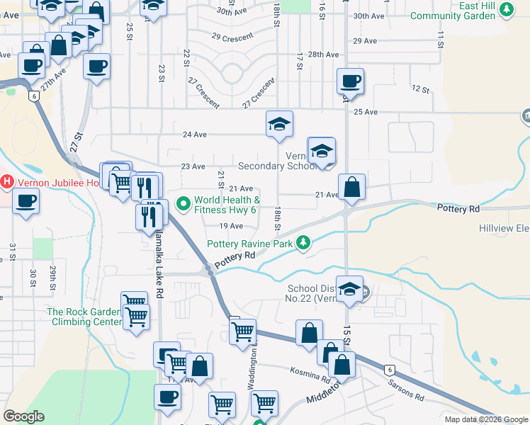 map of restaurants, bars, coffee shops, grocery stores, and more near 1802 20 Avenue in Vernon