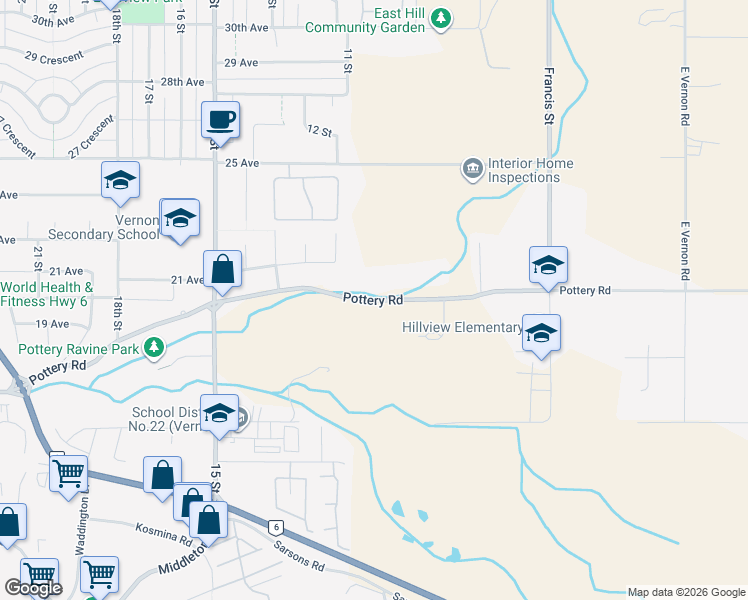 map of restaurants, bars, coffee shops, grocery stores, and more near Pottery Road in Vernon