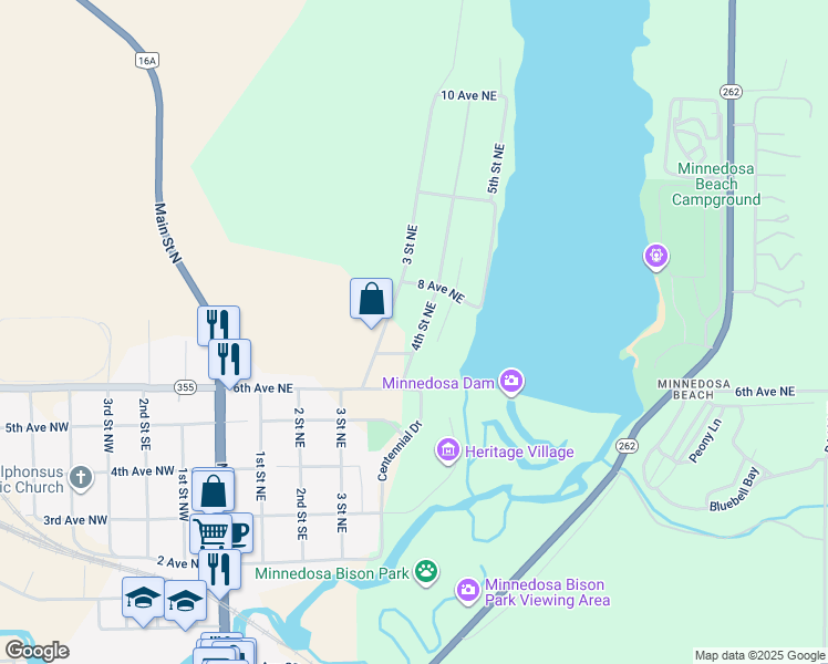 map of restaurants, bars, coffee shops, grocery stores, and more near 293 4th Street Northeast in Minnedosa