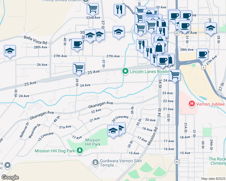 map of restaurants, bars, coffee shops, grocery stores, and more near 3604 24 Avenue in Vernon