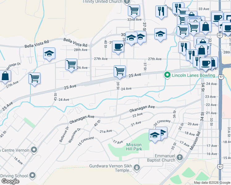 map of restaurants, bars, coffee shops, grocery stores, and more near 3900 24 Avenue in Vernon