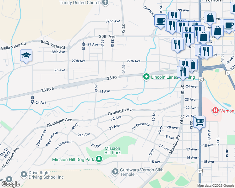 map of restaurants, bars, coffee shops, grocery stores, and more near 3702 24 Avenue in Vernon