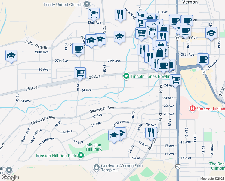 map of restaurants, bars, coffee shops, grocery stores, and more near 3604 24 Avenue in Vernon
