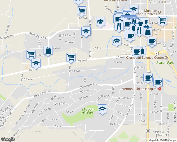 map of restaurants, bars, coffee shops, grocery stores, and more near 3702 24 Avenue in Vernon