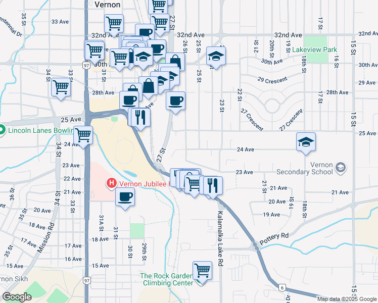 map of restaurants, bars, coffee shops, grocery stores, and more near 2305 26 Street in Vernon