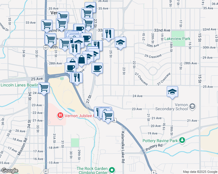 map of restaurants, bars, coffee shops, grocery stores, and more near in Vernon