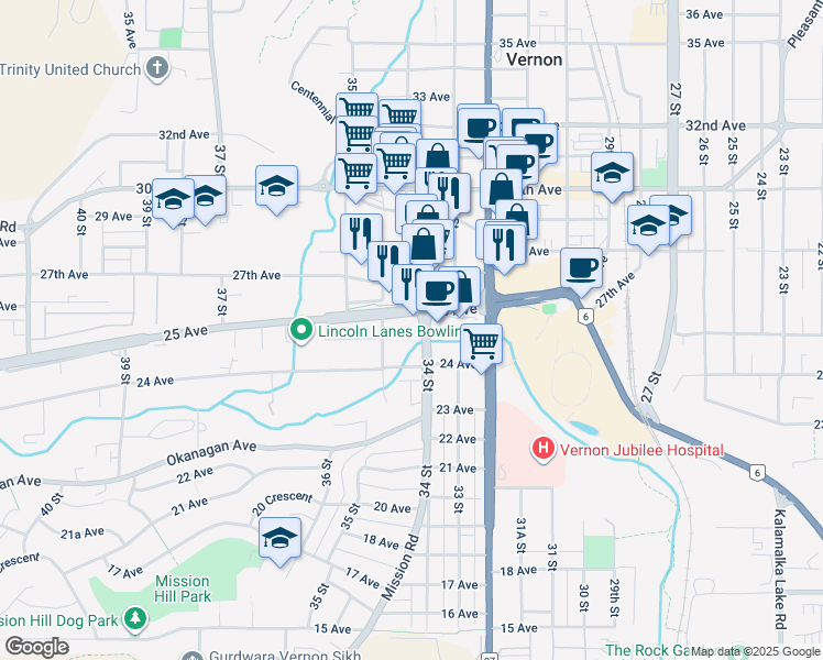 map of restaurants, bars, coffee shops, grocery stores, and more near 20 25 Avenue in Vernon