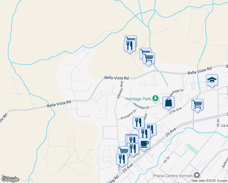 map of restaurants, bars, coffee shops, grocery stores, and more near 3020 Allenby Way in Vernon