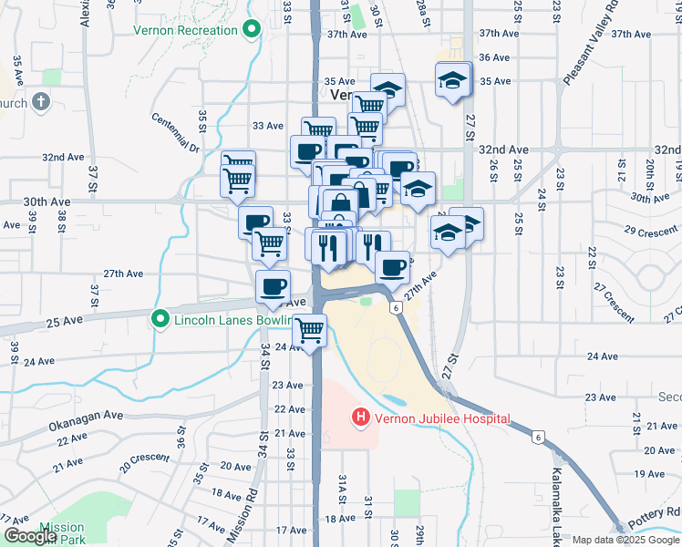 map of restaurants, bars, coffee shops, grocery stores, and more near 3101 British Columbia 6 in Vernon