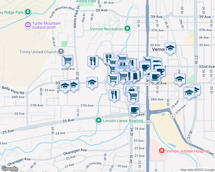 map of restaurants, bars, coffee shops, grocery stores, and more near 2810 35 Street in Vernon