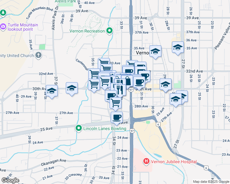 map of restaurants, bars, coffee shops, grocery stores, and more near 3301 30th Avenue in Vernon