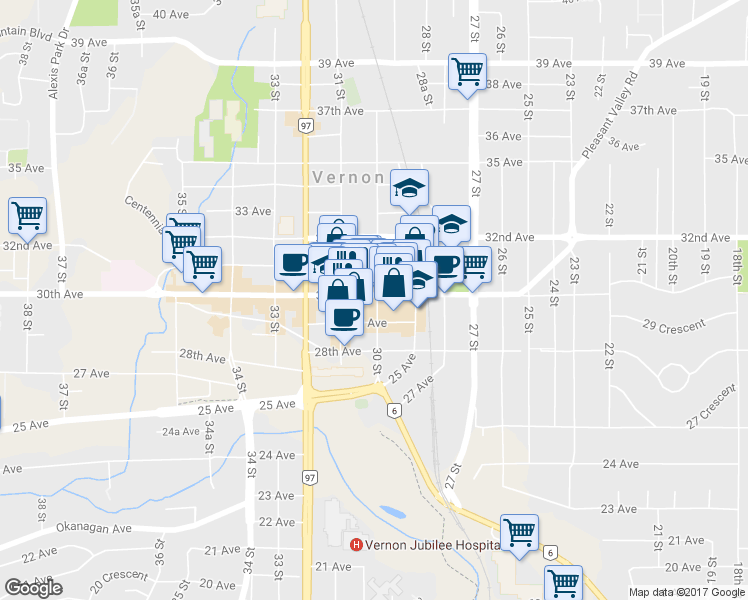 map of restaurants, bars, coffee shops, grocery stores, and more near 3004 30 St in Vernon
