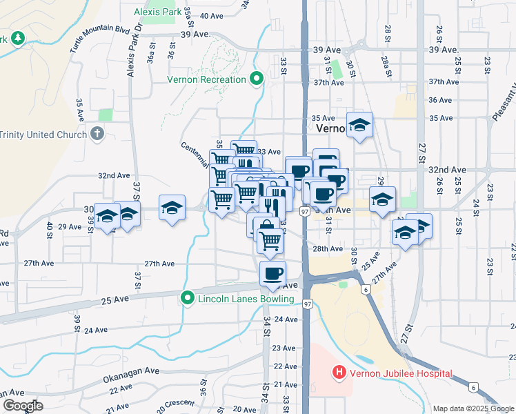 map of restaurants, bars, coffee shops, grocery stores, and more near 3317 30th Avenue in Vernon