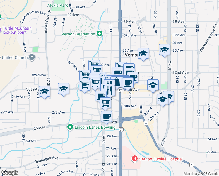 map of restaurants, bars, coffee shops, grocery stores, and more near 3301 30th Avenue in Vernon