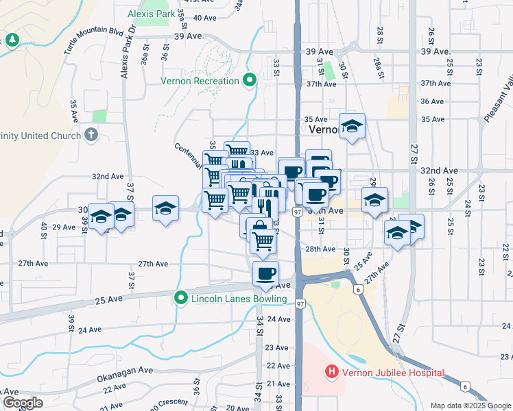 map of restaurants, bars, coffee shops, grocery stores, and more near 3317 30th Avenue in Vernon