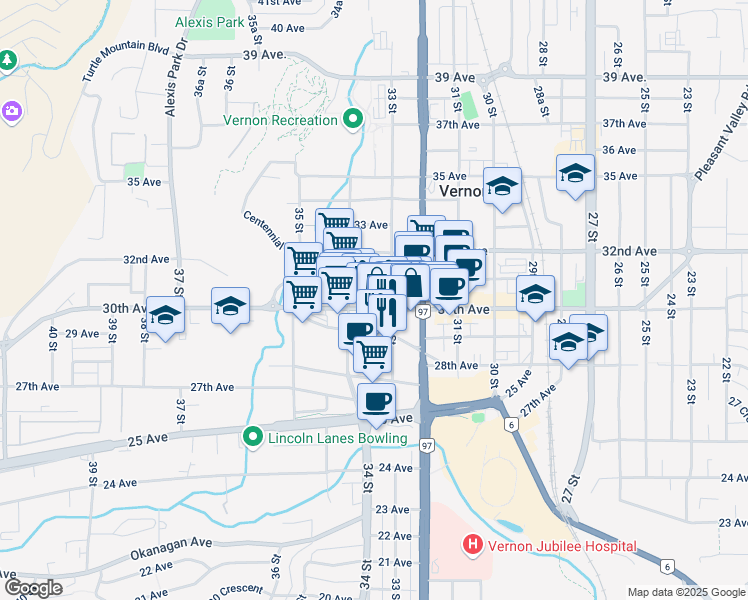 map of restaurants, bars, coffee shops, grocery stores, and more near 3301 30th Avenue in Vernon