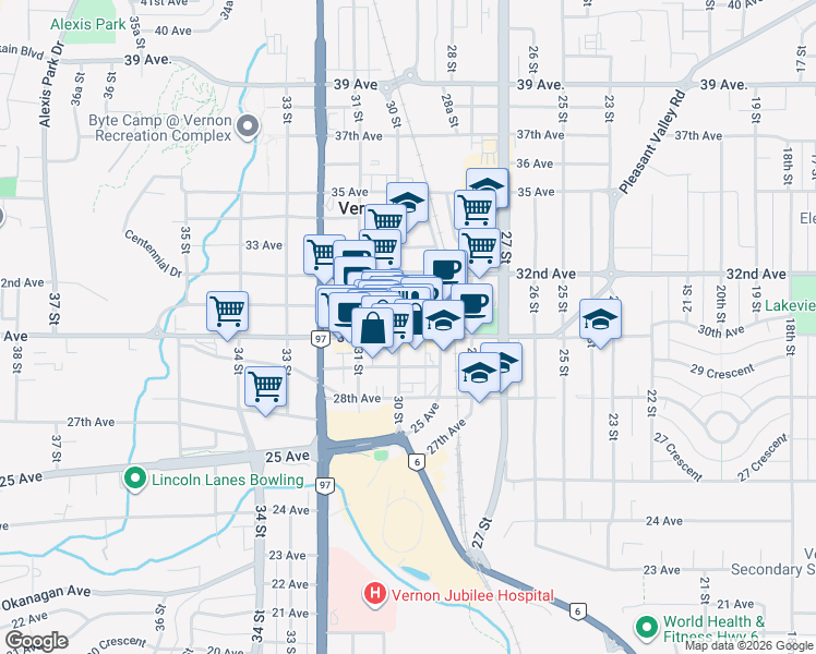 map of restaurants, bars, coffee shops, grocery stores, and more near 3004 30 Street in Vernon