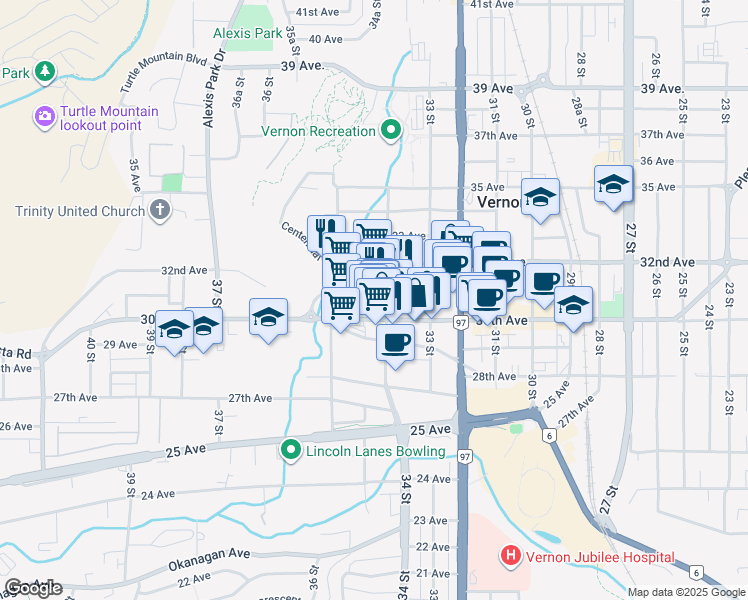 map of restaurants, bars, coffee shops, grocery stores, and more near 3006 34 Street in Vernon