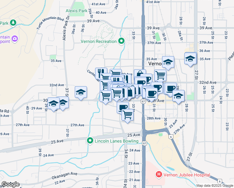 map of restaurants, bars, coffee shops, grocery stores, and more near in Vernon