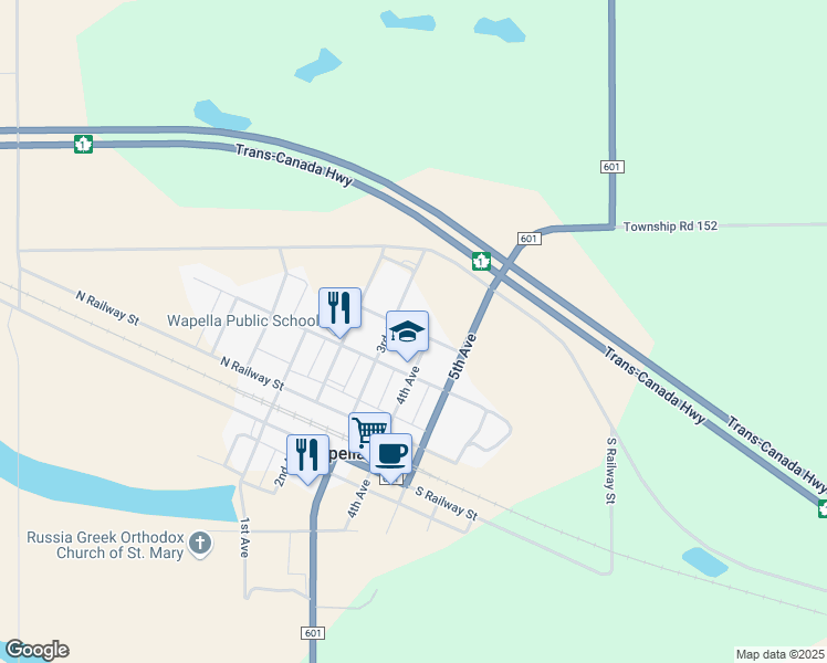 map of restaurants, bars, coffee shops, grocery stores, and more near 316 Assiniboia Street in Wapella