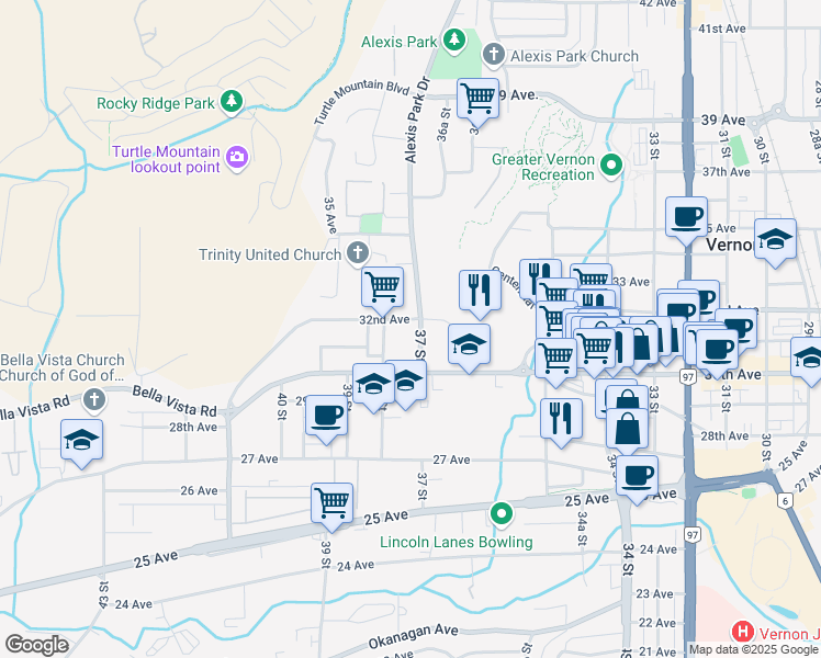 map of restaurants, bars, coffee shops, grocery stores, and more near 3016 37 Street in Vernon