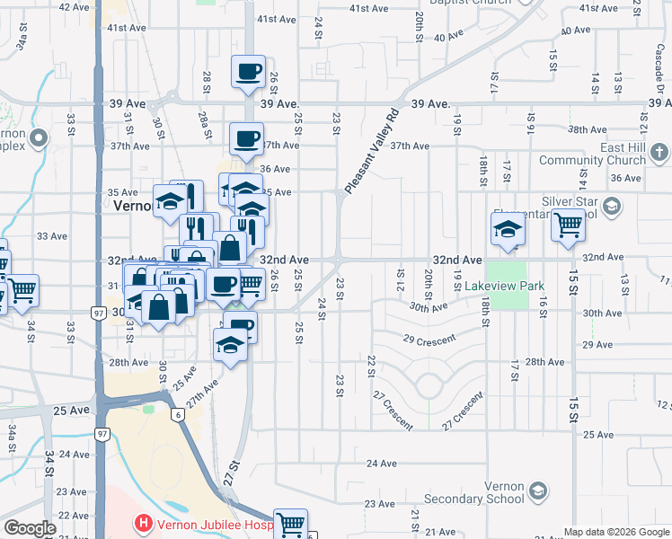 map of restaurants, bars, coffee shops, grocery stores, and more near 3103 Pleasant Valley Road in Vernon