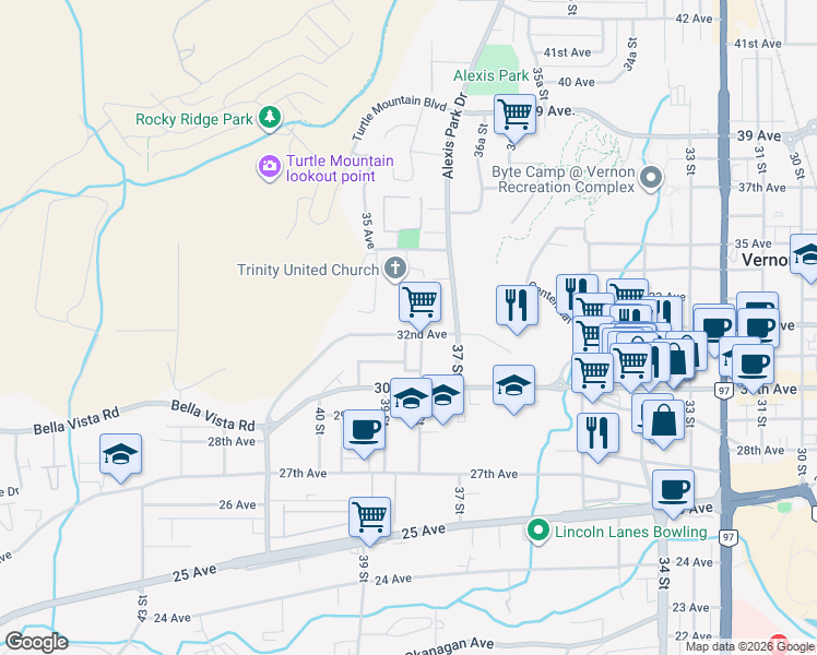 map of restaurants, bars, coffee shops, grocery stores, and more near 3803 32nd Avenue in Vernon